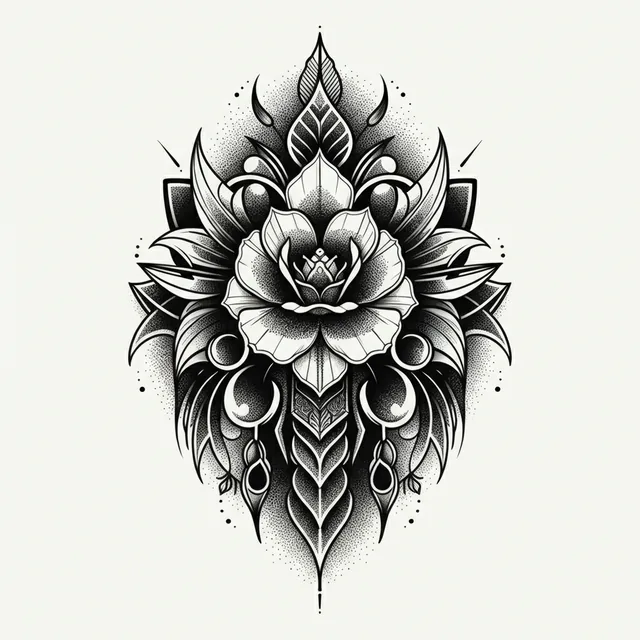 AI-generated blackwork flower with dotwork shading and ornamental leaves