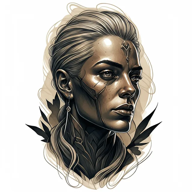 AI-generated black and grey portrait of a woman with flowing hair