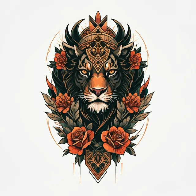AI-generated neo-traditional crowned lion surrounded by roses